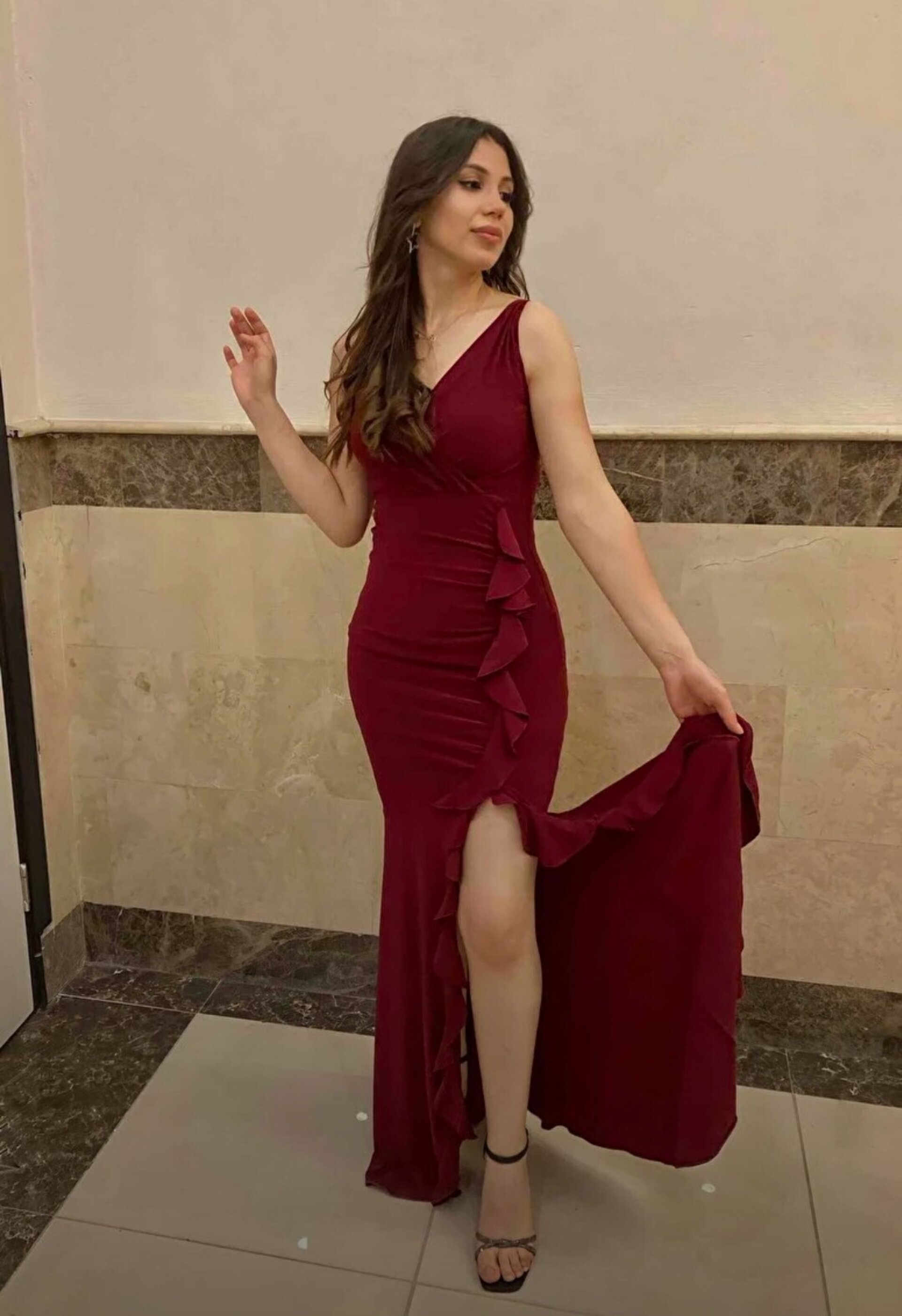 Vestido de fiesta largo con detalle volantes - 2